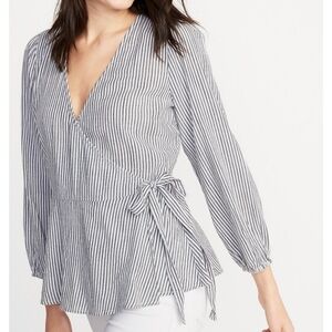 OLD NAVY Nautical Black‎ White Striped Wrap Front Side Tie Top M
